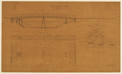 216198 Opstand en plattegronden van de onderbouw en het dek voor een ontworpen loopbrug over de Stadsbuitengracht in ...